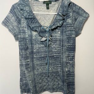 Ralph Lauren Blue and White Short Sleeve Ruffled Blouse